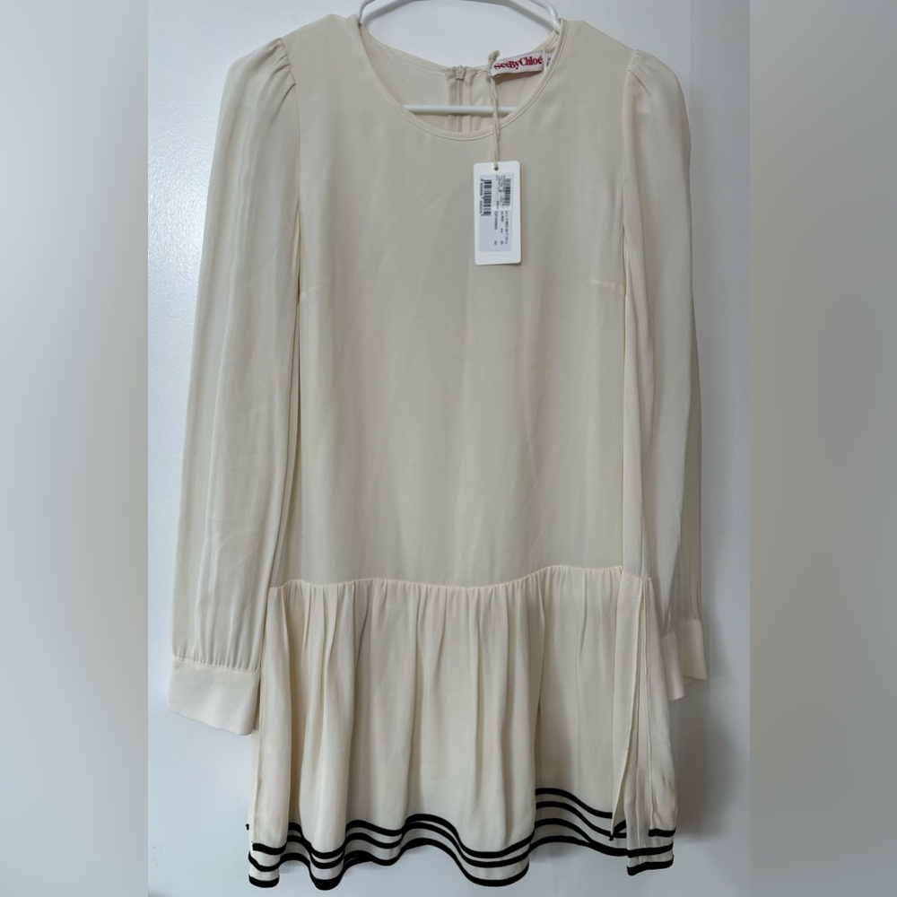 See By Chloé Cream Ruffle Hem Black Piping Detail Long Sleeve Dress Size 38 NWT